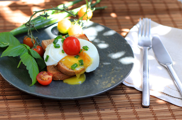 Sabroso picnic de comida. desayuno ligero, sándwich con huevo, tomates y cebollas verdes. Un plato con desayuno en el sol de la mañana. - Foto, imagen