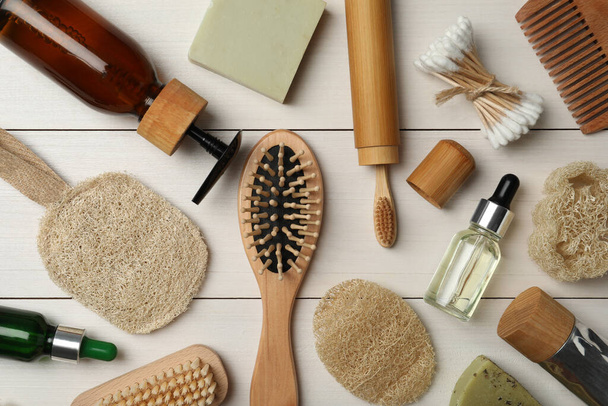 Flat lay composition with eco friendly products on white wooden background. Conscious consumption - Fotoğraf, Görsel