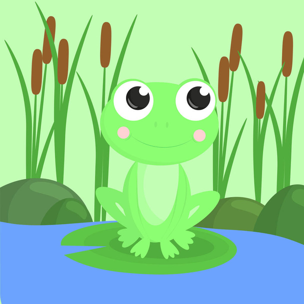 Children's cute cartoon frog on the background of the pond - Vector, imagen