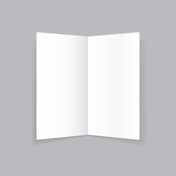 Realistische zweifarbige Papierbroschüren auf grauem Hintergrund mit weichen Schatten. Weiße offene Booklet-Vorlage. Visitenkartendesign oder Flyer-Attrappe. Vektorillustration. - Vektor, Bild