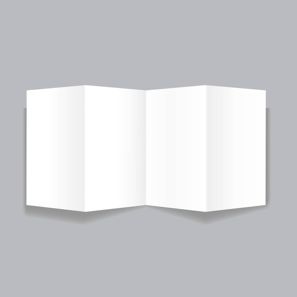 Realistische zweifarbige Papierbroschüren auf grauem Hintergrund mit weichen Schatten. Weiße offene Booklet-Vorlage. Visitenkartendesign oder Flyer-Attrappe. Vektorillustration. - Vektor, Bild