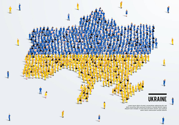 Ukrainische Karte und Fahne. eine große Gruppe von Menschen in der ukrainischen Flaggenfarbe bilden, um die Karte zu erstellen. Vektorillustration. - Vektor, Bild