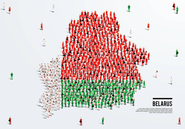 Fehéroroszország térkép és zászló. Egy nagy csoport az emberek a fehérorosz zászló színes űrlapot, hogy hozzon létre a térképet. Vektorillusztráció. - Vektor, kép