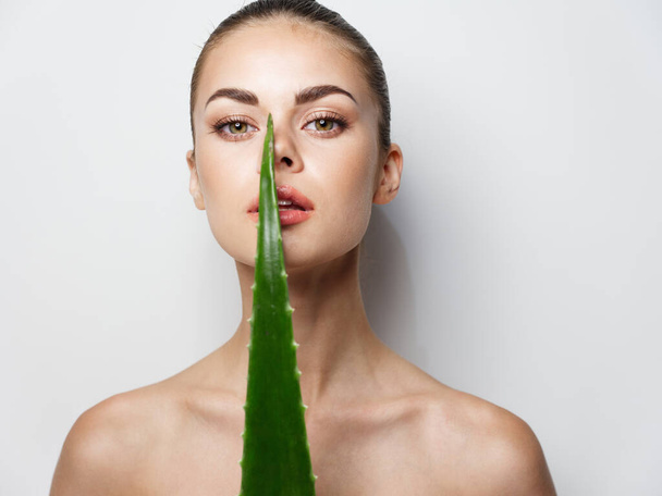 portrait of woman with green aloe leaf in front of face on light background cropped view - Fotó, kép