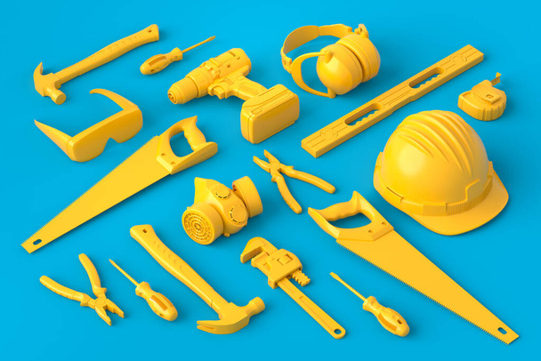Isometric view of monochrome construction tools for repair on blue and yellow - Foto, Bild