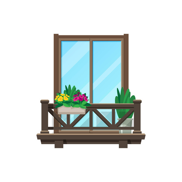 Μπαλκόνι παράθυρο, σπίτι κτίριο πρόσοψη με βεράντα, διάνυσμα ξύλινη βεράντα ή βεράντα. Διαμέρισμα vintage ή μοντέρνο ξύλινο μπαλκόνι με κάγκελα κάγκελα και λουλούδια, βίλα σπίτι ή αρχοντικό μπαλκόνι - Διάνυσμα, εικόνα