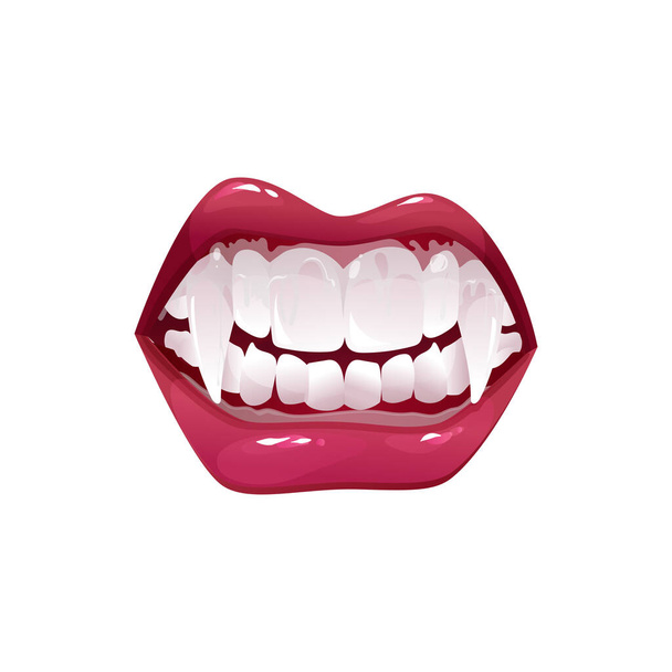 Вампирский рот с векторной иконой клыков, жуткая ухмылка монстра. Карикатура открытые женские красные губы с длинными острыми зубами, изолированными на белом фоне - Вектор,изображение
