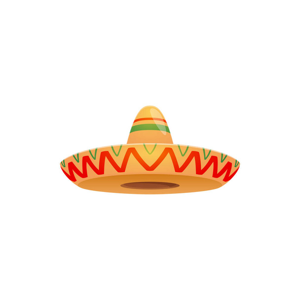 Mexická sombrero čepice, slavnostní vektorová ikona. Španělské pokrývky hlavy pro festival Mexiko cinco de mayo. Izolovaný karikatura tradiční kostým sláma čelenka na oslavu s klikatou ornament - Vektor, obrázek