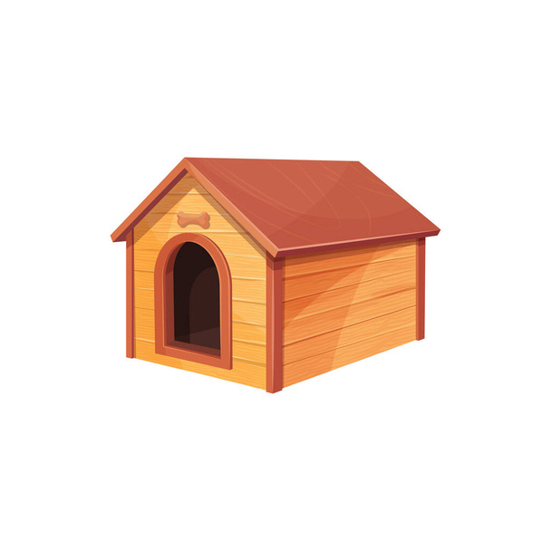 Doghouse geïsoleerde houten hondenhok realistisch icoon. Vector houten huis van hond met dak en bot boven in te voeren. Lege constructie voor gezelschapsdieren, bruine hutten flat design, buiten buiten huis - Vector, afbeelding