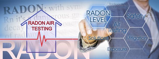 O perigo do gás radônio em nossas casas - imagem conceitual com gráfico de check-up sobre testes de nível de radônio e gerente de negócios apontando para ícones contra uma tela digital. - Foto, Imagem
