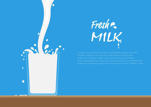 Tuore maito kaadetaan lasiin pöydälle roiskeella, terveellistä kulutukseen tarkoitettua maitoa käsite vektori kuva - Vektori, kuva