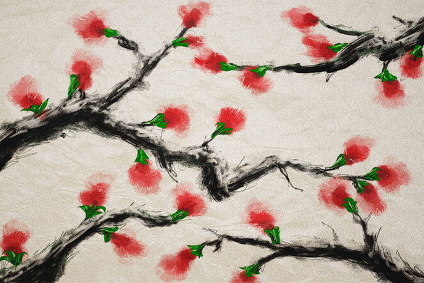 Watercolor and ink illustration of tree with red flowers - Fotografie, Obrázek
