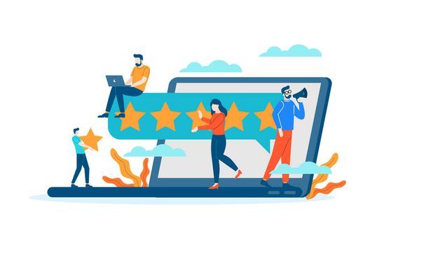Computer internet Star Review rating persone danno un feedback piatto illustrazione - Vettoriali, immagini