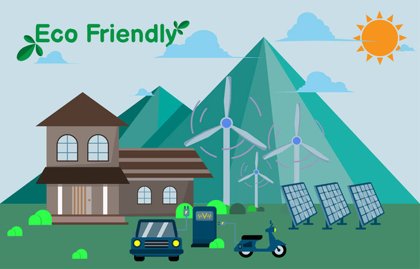 自然環境に優しい家庭、再生可能エネルギー、太陽光発電と風力発電を使用して電気を発生させ、省エネルギーを含む環境に優しいエネルギーエコ電気自動車をコンセプトにしています。 - ベクター画像
