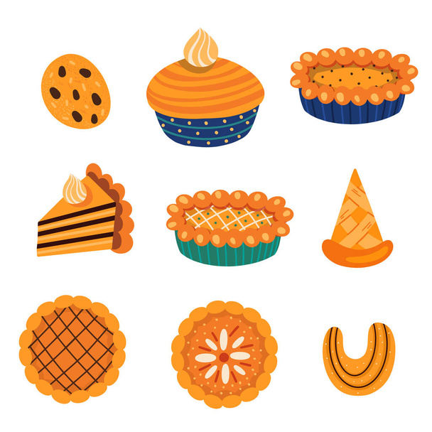 Conjunto de diversos alimentos de pastelería y hojas otoñales - Vector, Imagen