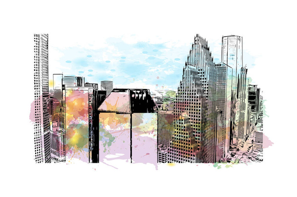 Imprimir Vista del edificio con punto de referencia de Houston es una gran ciudad en Texas. Salpicadura de acuarela con dibujo dibujado a mano ilustración en vector. - Vector, imagen