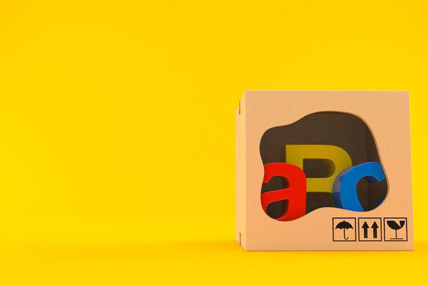 ABC-Text im Paket isoliert auf orangefarbenem Hintergrund. 3D-Illustration - Foto, Bild