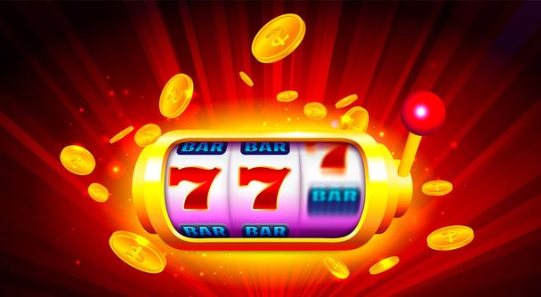 Spielautomat mit Symbolen und Münzen auf buntem Hintergrund. Online Casino Banner Illustration - Vektor, Bild