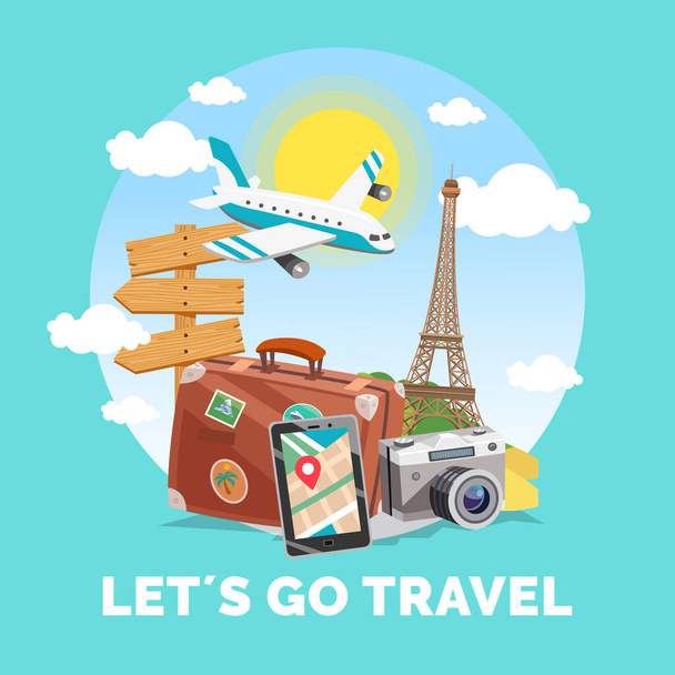 Путешествующие каникулы дизайн иллюстрация с мультяшным стилем - Вектор,изображение