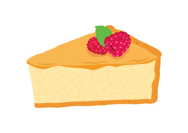 Rebanada de pastel con frambuesas y hoja de menta vector icono. Delicioso icono de pastel de queso aislado sobre un fondo blanco. Pastel de frutas clip arte - Vector, Imagen