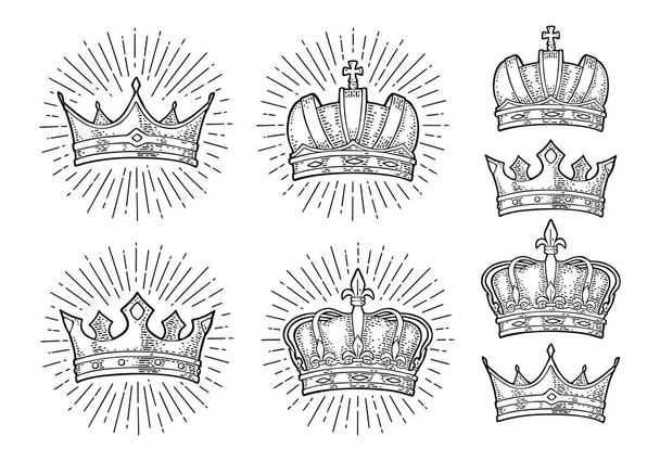 Four different king crowns. Engraving vintage vector color illustration. Isolated on white background. Hand drawn design element for label, tattoo and poster - Vektor, Bild