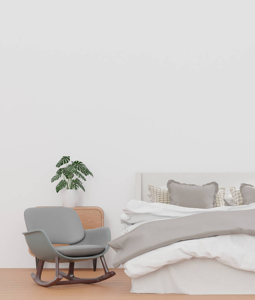 dormitorio y pared blanca, silla gris y aparador, estilo minimalista, se burlan y copian la pared del espacio - 3d renderizado - - Foto, Imagen