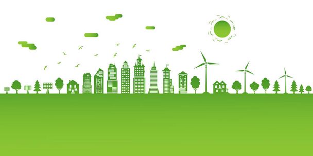 Ecological city and environment conservation. Concept green city with renewable energy sources. Green city with trees, wind energy and solar panels. Vector illustration. - ベクター画像