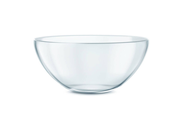 Glass bowl isolated on white background. Close up view of an empty transparent cup. Glass plate 3D rendering model, mixing bowl, glossy dish. Side view  - Zdjęcie, obraz
