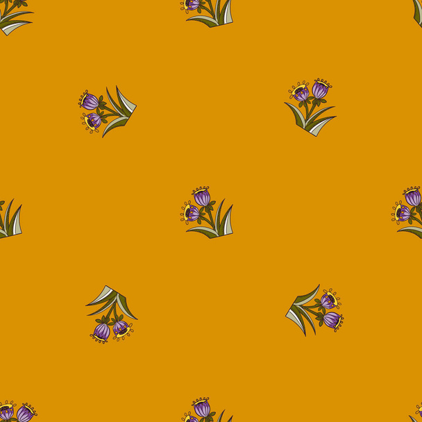 花のテーマの小さな紫色の鐘シームレスなパターン。オレンジの背景。ミニマルなスタイル。夏時間印刷。包装紙や布のテクスチャのためのグラフィックデザイン。ベクターイラスト. - ベクター画像