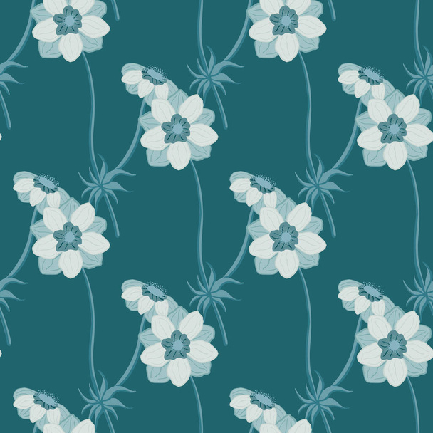 Hand drawn seamless pattern in blue pastel colors with anemone flowers shapes. Bloom simple artwork. Stock illustration. Vector design for textile, fabric, giftwrap, wallpapers. - Vector, Image