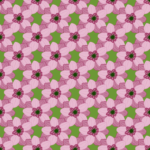Mały różowy pączek anemonu kwiat bezszwowy wzór doodle. Zielone tło. Kwitną dekoracyjne dzieła sztuki. Ilustracja wektorowa sezonowych nadruków tekstylnych, tkanin, banerów, tła i tapet. - Wektor, obraz