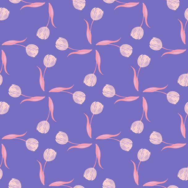 ピンクのチューリップの蕾の花の印刷と幾何学的なスタイルでロマンチックな花のシームレスなパターン。パステルブルーの背景。テキスタイル、ファブリック、ギフトラップ、壁紙のためのフラットベクトルプリント。エンドレスイラスト. - ベクター画像