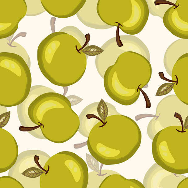 Seamless pattern with apple on white background. Natural delicious ripe tasty fruit. Vector illustration for print, fabric, textile, banner, other design. Stylized apples with leaves. Food concept - Vektor, kép