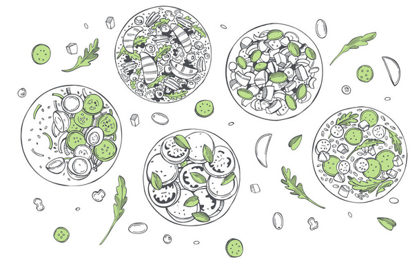 Hand drawn salad set. Vector background. Sketch  illustration. - Vector, Image