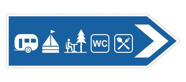 Znak drogowy, zestaw piktogramów na niebieskim tle, camping, ikony wektorowe - Wektor, obraz