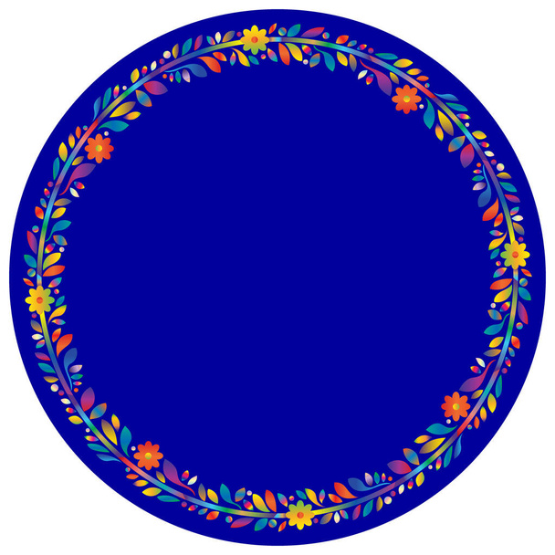 Décoration design pour produit rond, fleurs lumineuses dans le style du vitrail sur un fond bleu - Vecteur, image