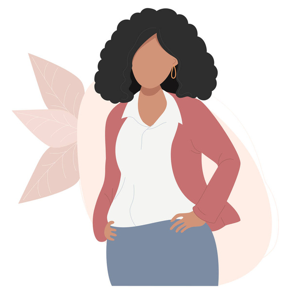 Деловая черная девушка. Красивая этническая девушка стоит и держит свой ремень. Векторная иллюстрация. Персонаж бизнес-леди для дизайна, декора, открыток, гравюр, баннеров и плакатов - Вектор,изображение