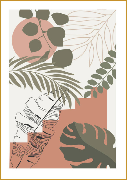 Fantastic collage of tropical leaves, various decorative objects and spots, vector - Vecteur, image