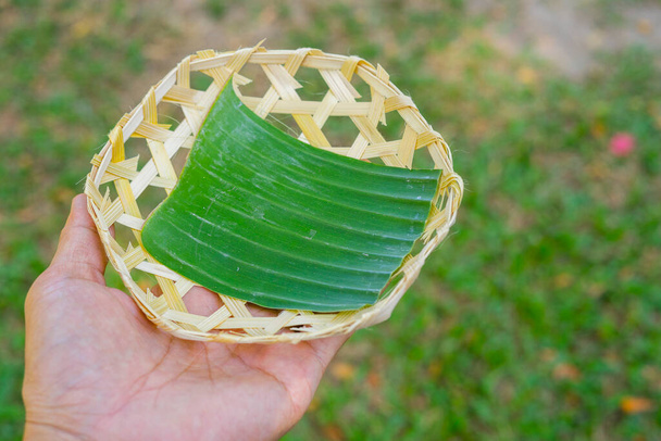 A North of Thailand rice plate meal  served on a banana leaf, save the earth concept. - Photo, Image