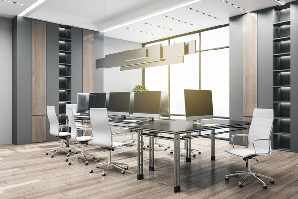 Modern coworking meeting room interior with bright city view and equipment. 3D Rendering - Foto, afbeelding