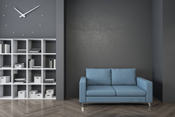 Modern waiting area in office with bookcase, comfortable blue couch, wooden flooring and empty mockup place on wall. Mock up, 3D Rendering - Φωτογραφία, εικόνα