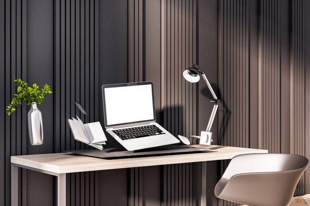 Contemporary hipster office interior with empty white laptop screen and other objects flying above desktop. Mock up, 3D Rendering - Zdjęcie, obraz