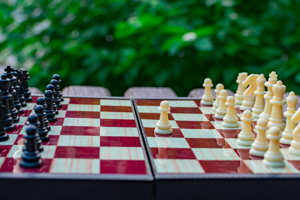Día de Shehamat. Las piezas de ajedrez se colocan en un tablero de ajedrez sobre un fondo borroso de la naturaleza. Enfoque borroso. Desenfocar. - Foto, Imagen