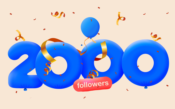 Banner com 2K seguidores obrigado em forma de balões 3d e confete colorido. ilustração vetorial números 3d para redes sociais 2000 seguidores, conceito de blogueiro celebrando assinantes - Foto, Imagem