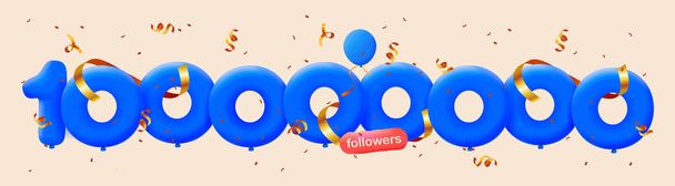 Banner 100M követői köszönöm formájában 3D-s léggömbök és színes konfetti. Vektor illusztráció 3D-s számok a közösségi média 100000000 követői, koncepció blogger ünneplő előfizetők - Fotó, kép