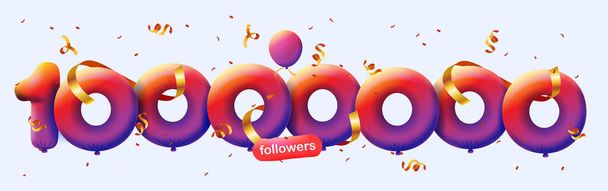 Banner com 10M seguidores obrigado em forma de balões 3d e confete colorido. ilustração vetorial números 3d para redes sociais 10000000 seguidores, conceito de blogueiro celebrando assinantes - Foto, Imagem