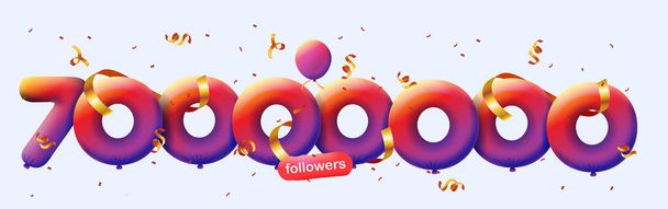Banner com 70M seguidores obrigado em forma de balões 3d e confete colorido. Ilustração vetorial Números 3d para redes sociais 70000000 seguidores, conceito de blogueiro celebrando assinantes - Foto, Imagem