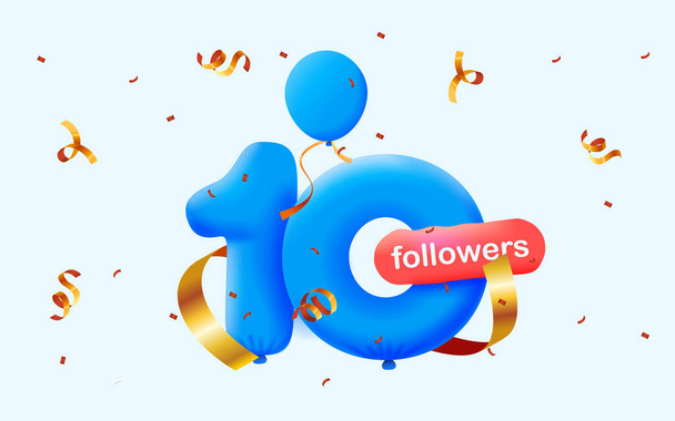 Banner con 10 seguidores gracias en forma de globos 3d y confeti colorido. Ilustración vectorial números 3d para redes sociales 10 seguidores, concepto de blogger celebrando suscriptores - Foto, Imagen