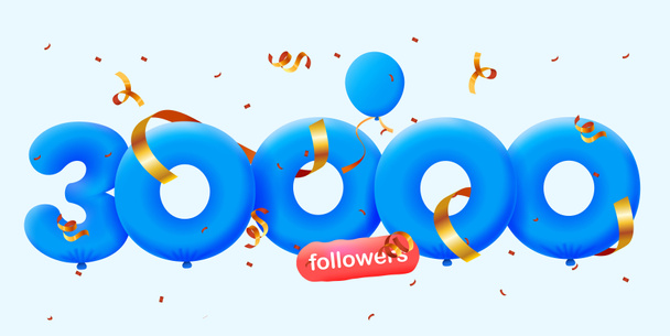 Banner con 30K seguidores gracias en forma de globos 3d y confeti colorido. Ilustración vectorial números 3d para redes sociales 30000 seguidores, concepto de blogger celebrando suscriptores - Foto, imagen
