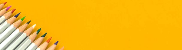 Školní sada barevných tužek pn žlutý školní stůl. Vzdělání a studium svatební banner design. Kopírovat fotografii místa - Fotografie, Obrázek